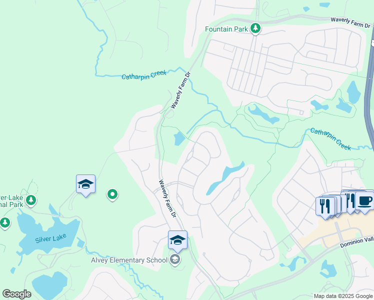 map of restaurants, bars, coffee shops, grocery stores, and more near 15621 Alderbrook Drive in Haymarket