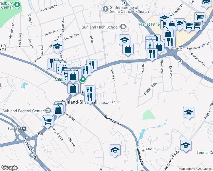 map of restaurants, bars, coffee shops, grocery stores, and more near 3031 Victory Lane in Suitland-Silver Hill