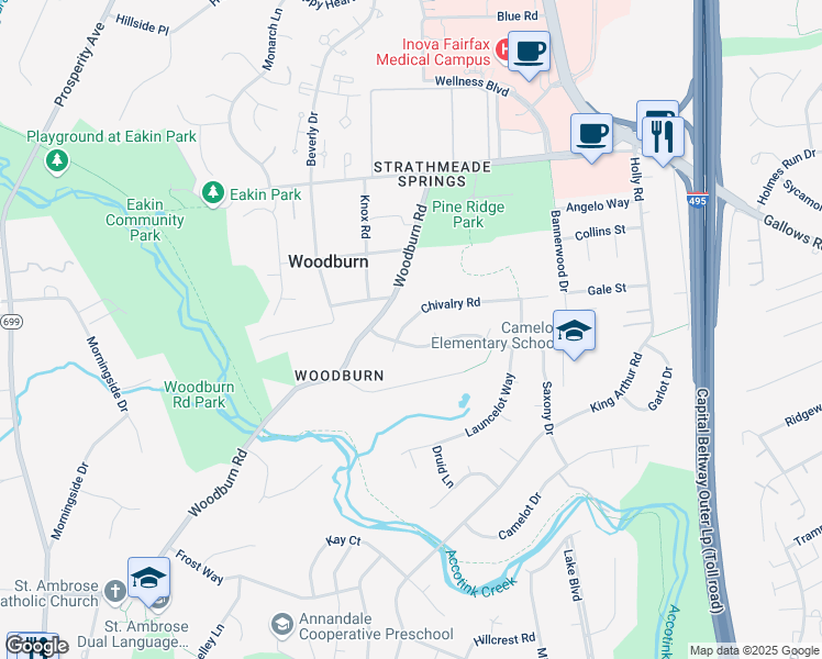 map of restaurants, bars, coffee shops, grocery stores, and more near 8309 Chivalry Road in Annandale