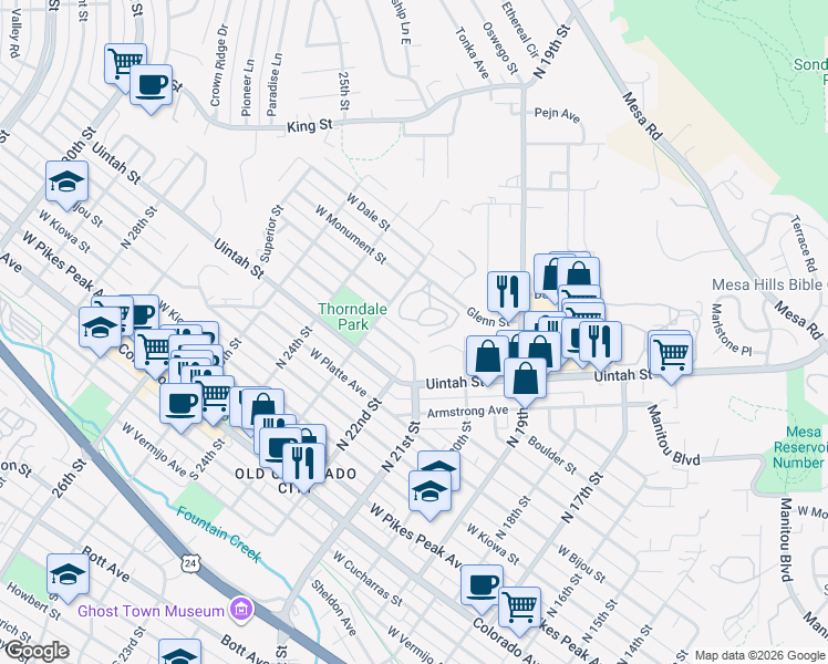 map of restaurants, bars, coffee shops, grocery stores, and more near 2340 Stepping Stones Way in Colorado Springs