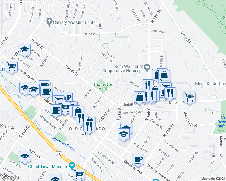 map of restaurants, bars, coffee shops, grocery stores, and more near 2340 Stepping Stones Way in Colorado Springs
