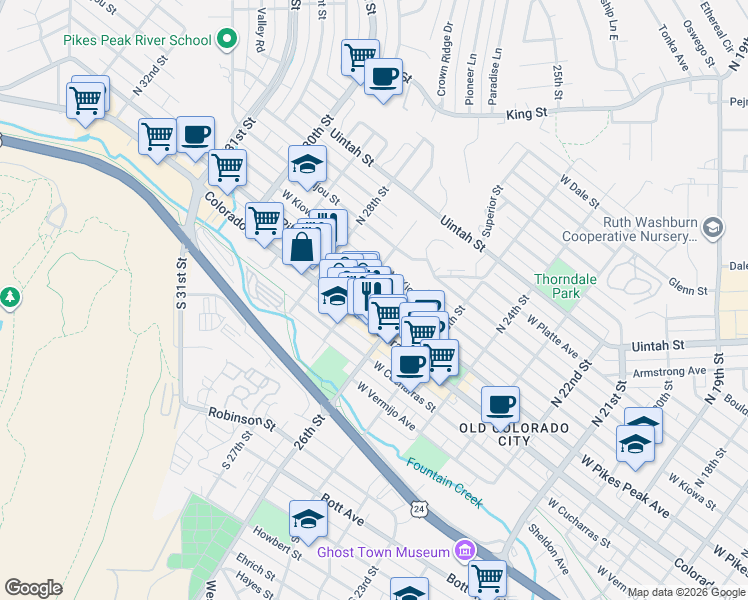 map of restaurants, bars, coffee shops, grocery stores, and more near 2706 West Pikes Peak Avenue in Colorado Springs