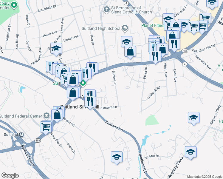 map of restaurants, bars, coffee shops, grocery stores, and more near 2943 Sunset Lane in Suitland-Silver Hill
