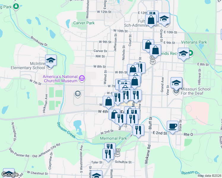 map of restaurants, bars, coffee shops, grocery stores, and more near 201 West 7th Street in Fulton