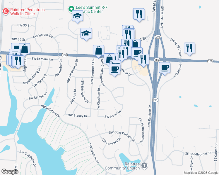 map of restaurants, bars, coffee shops, grocery stores, and more near 3901 Southwest Cheddington Drive in Lee's Summit
