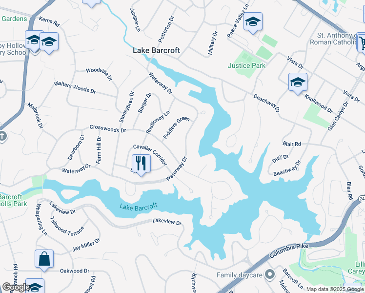 map of restaurants, bars, coffee shops, grocery stores, and more near 6340 Waterway Drive in Falls Church