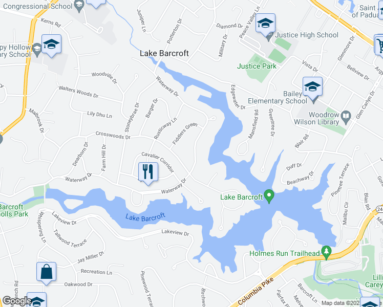 map of restaurants, bars, coffee shops, grocery stores, and more near 6340 Waterway Drive in Falls Church