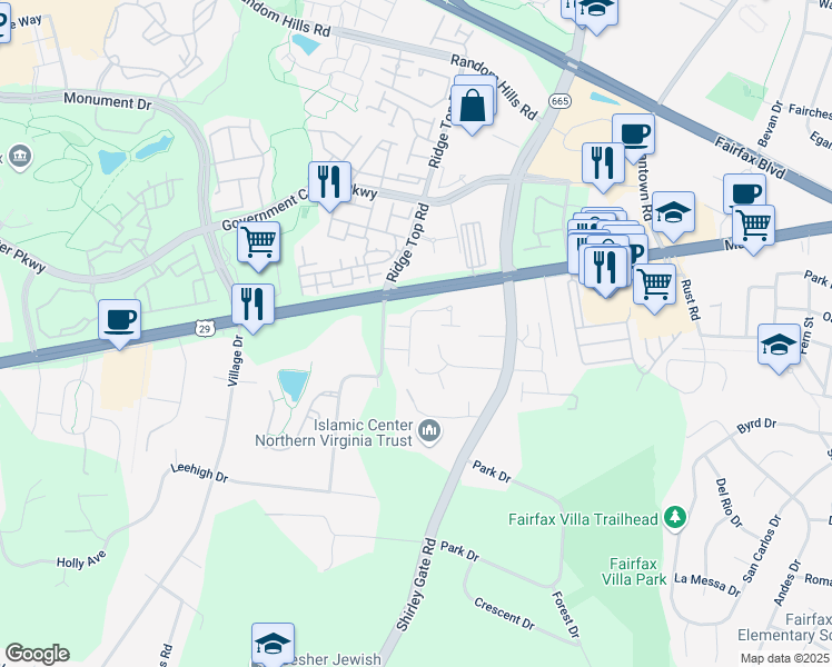map of restaurants, bars, coffee shops, grocery stores, and more near 4389 Strawflower Street in Fairfax