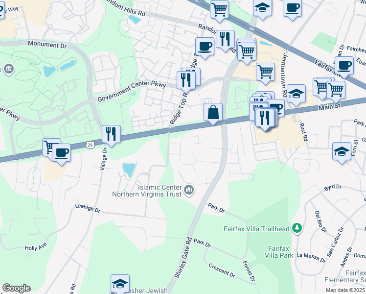 map of restaurants, bars, coffee shops, grocery stores, and more near 4389 Strawflower Street in Fairfax
