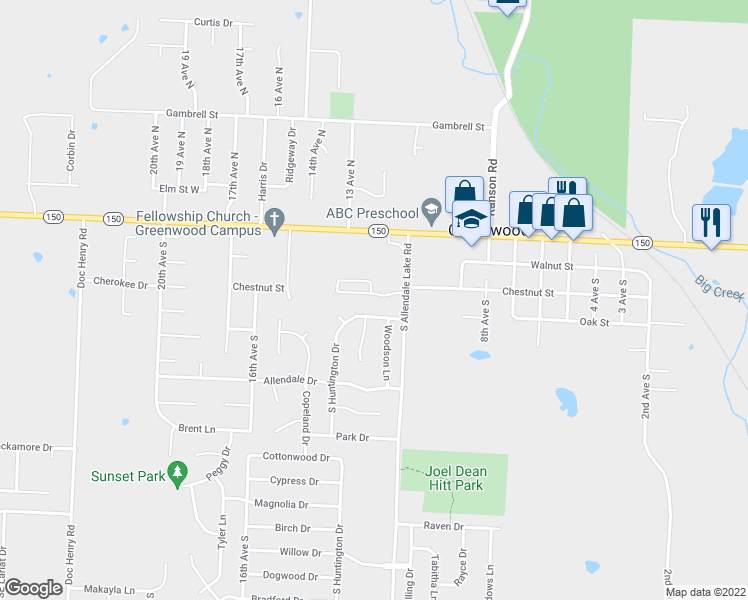 map of restaurants, bars, coffee shops, grocery stores, and more near 1106 Notting Hill Road in Greenwood