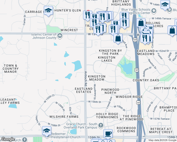 map of restaurants, bars, coffee shops, grocery stores, and more near 15365 Antioch Road in Overland Park