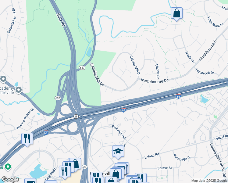 map of restaurants, bars, coffee shops, grocery stores, and more near 13987 Cabells Mill Drive in Centreville