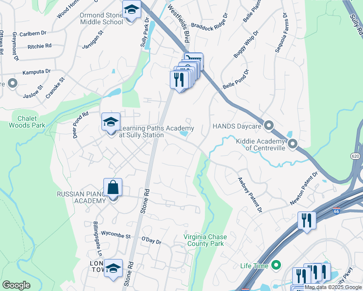 map of restaurants, bars, coffee shops, grocery stores, and more near 14510 Oak Cluster Drive in Centreville