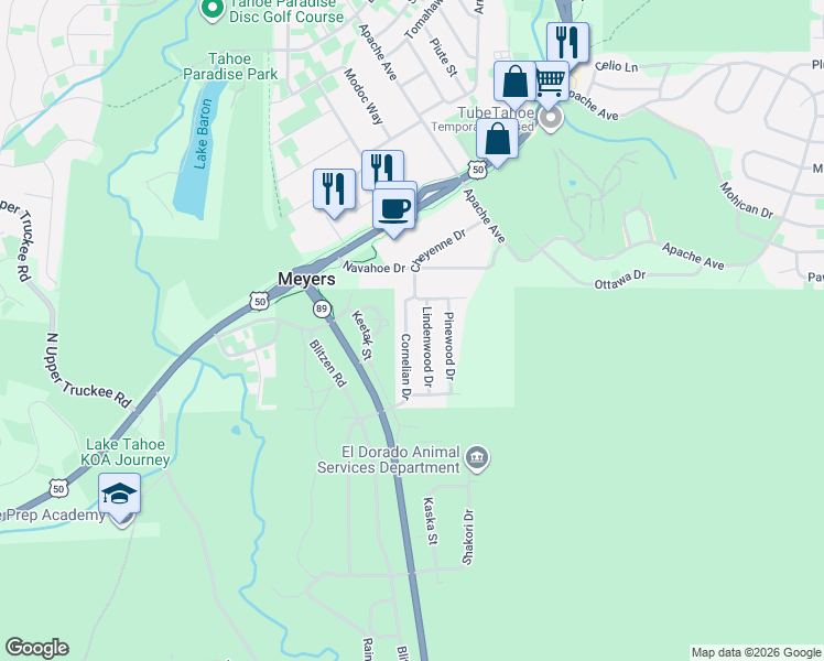 map of restaurants, bars, coffee shops, grocery stores, and more near 2149 Cornelian Drive in South Lake Tahoe