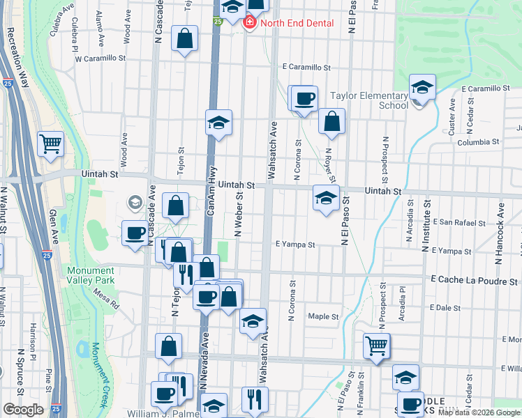 map of restaurants, bars, coffee shops, grocery stores, and more near 1121 North Wahsatch Avenue in Colorado Springs