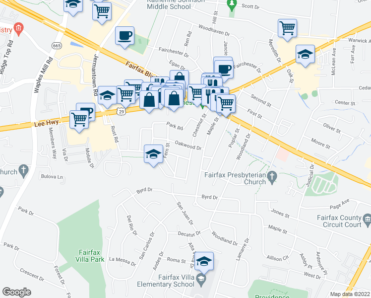 map of restaurants, bars, coffee shops, grocery stores, and more near 10919 Oakwood Drive in Fairfax