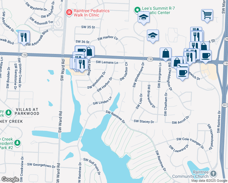 map of restaurants, bars, coffee shops, grocery stores, and more near 3903 Southwest Linden Lane in Lee's Summit