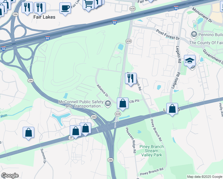 map of restaurants, bars, coffee shops, grocery stores, and more near 4975 Alliance Drive in Fairfax