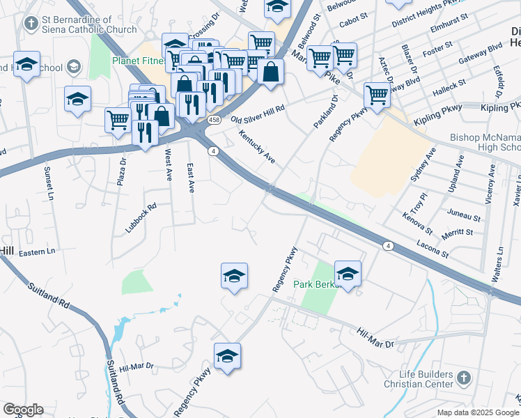 map of restaurants, bars, coffee shops, grocery stores, and more near 2904 Parkland Drive in District Heights