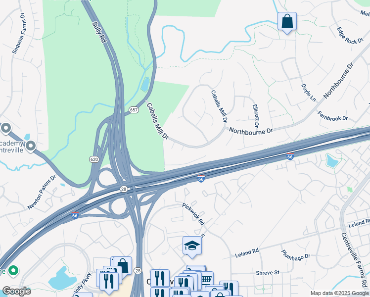 map of restaurants, bars, coffee shops, grocery stores, and more near 13987 Cabells Mill Drive in Centreville