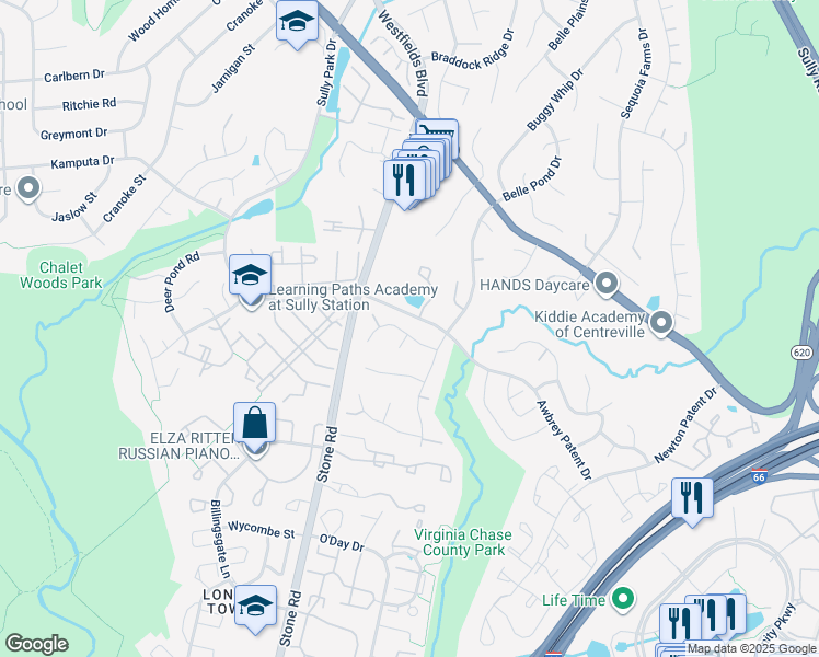 map of restaurants, bars, coffee shops, grocery stores, and more near 14510 Oak Cluster Drive in Centreville