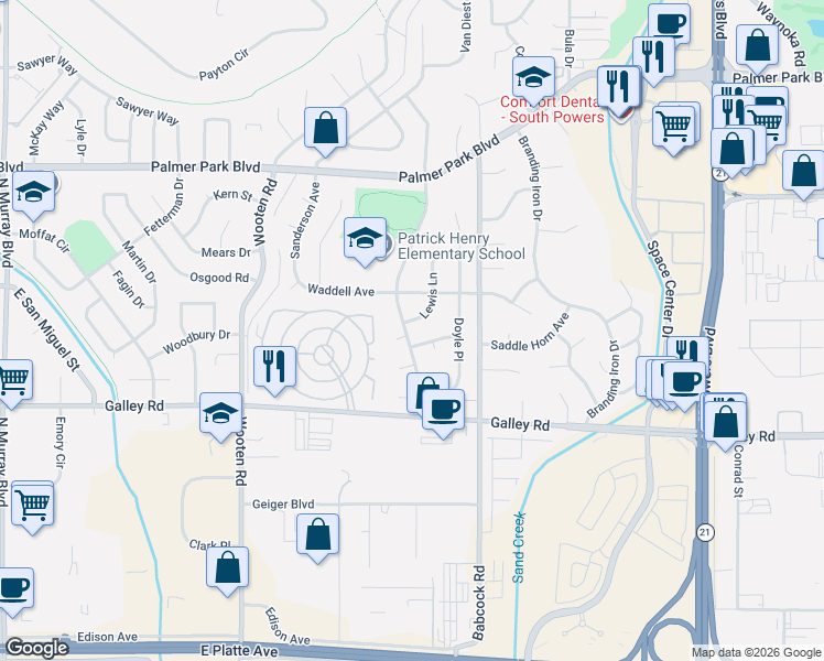 map of restaurants, bars, coffee shops, grocery stores, and more near 1222 Lewis Lane in Colorado Springs