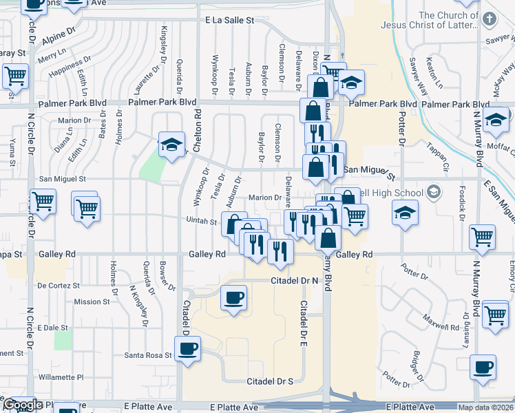 map of restaurants, bars, coffee shops, grocery stores, and more near 1226 Baylor Drive in Colorado Springs
