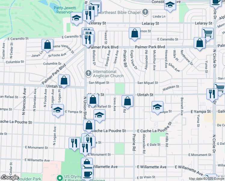 map of restaurants, bars, coffee shops, grocery stores, and more near 2015 San Miguel Street in Colorado Springs