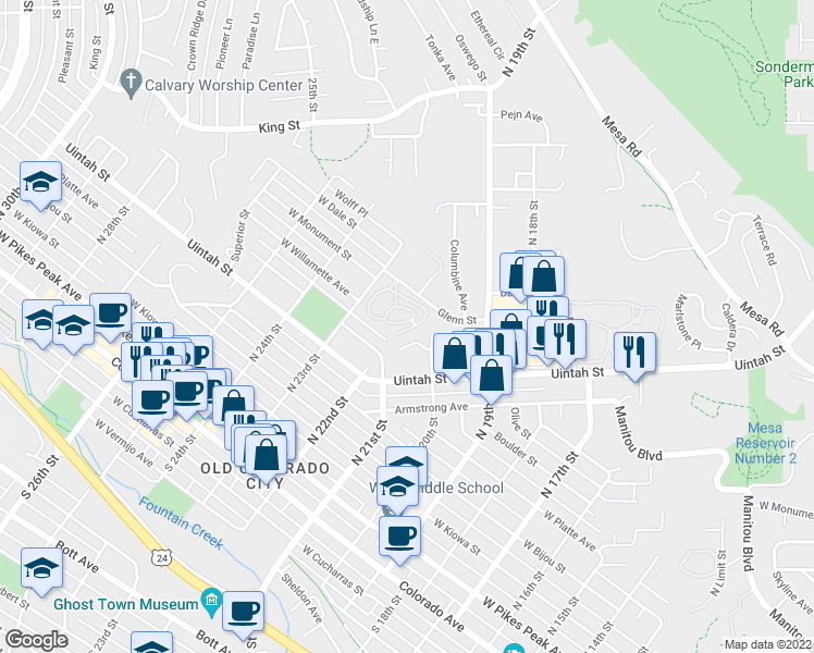 map of restaurants, bars, coffee shops, grocery stores, and more near 2238 Stepping Stones Way in Colorado Springs