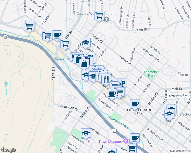 map of restaurants, bars, coffee shops, grocery stores, and more near 2732 West Colorado Avenue in Colorado Springs