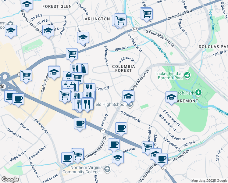 map of restaurants, bars, coffee shops, grocery stores, and more near 1212 South Frederick Street in Arlington