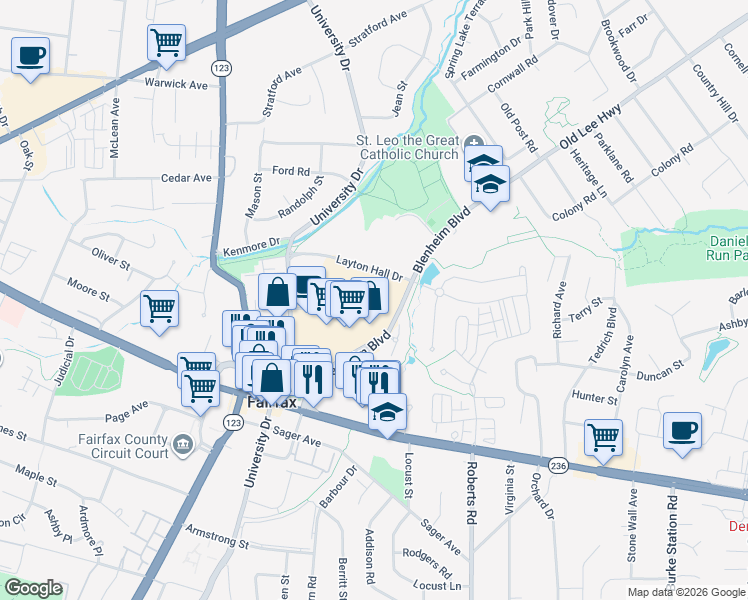 map of restaurants, bars, coffee shops, grocery stores, and more near 10327 Democracy Lane in Fairfax