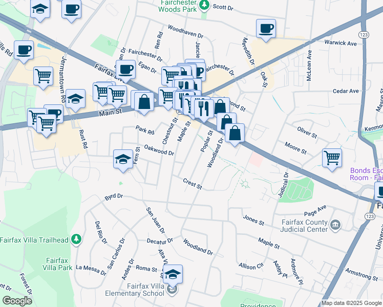 map of restaurants, bars, coffee shops, grocery stores, and more near 4025 Hallman Street in Fairfax