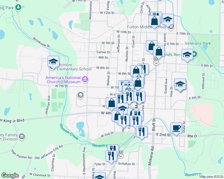 map of restaurants, bars, coffee shops, grocery stores, and more near 201 West 7th Street in Fulton