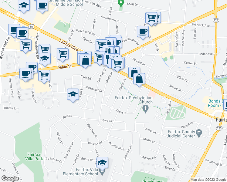 map of restaurants, bars, coffee shops, grocery stores, and more near 4025 Hallman Street in Fairfax