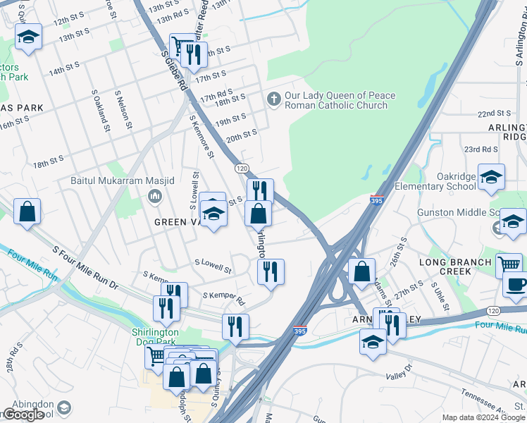 map of restaurants, bars, coffee shops, grocery stores, and more near 2272 South Garfield Street in Arlington