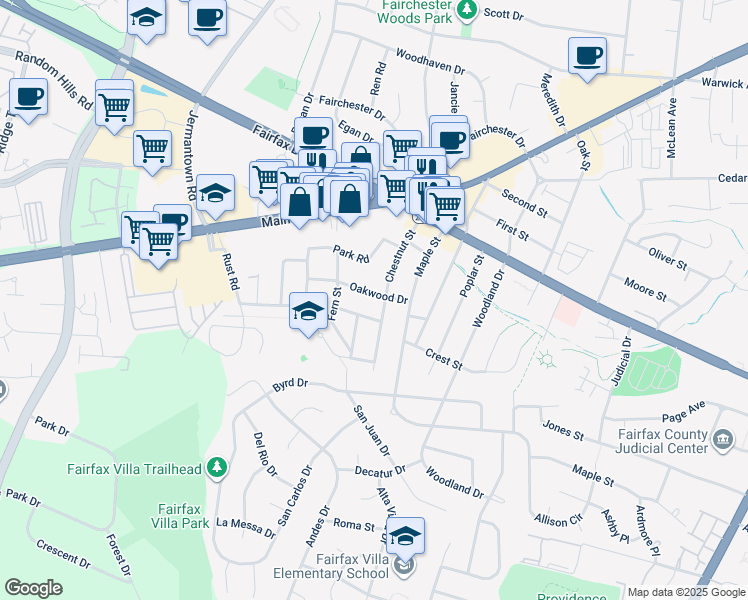 map of restaurants, bars, coffee shops, grocery stores, and more near 10919 Oakwood Drive in Fairfax