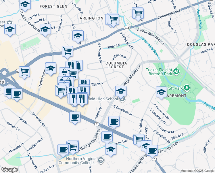 map of restaurants, bars, coffee shops, grocery stores, and more near 1212 South Frederick Street in Arlington