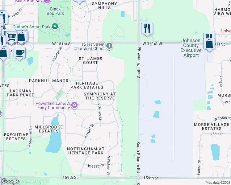 map of restaurants, bars, coffee shops, grocery stores, and more near 15342 South Widmer Street in Olathe
