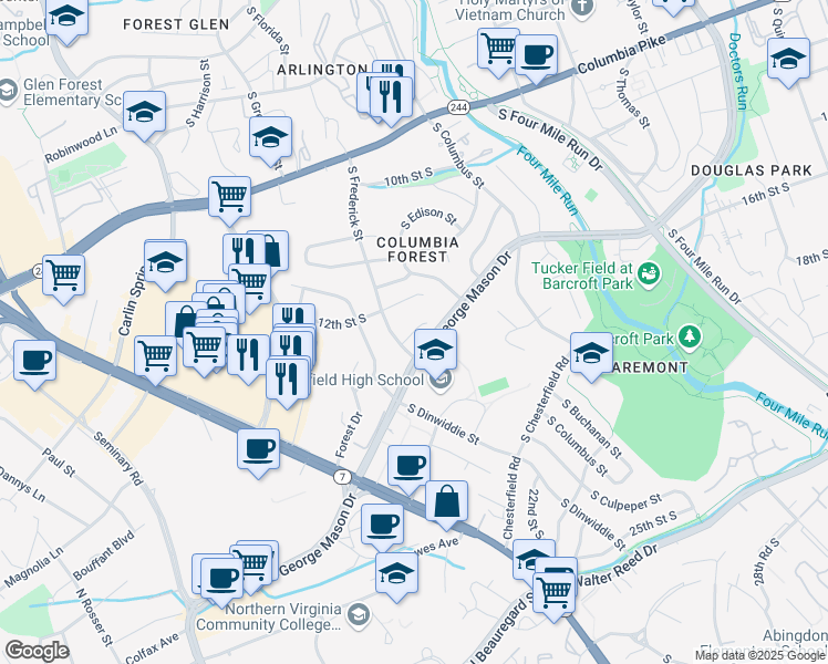 map of restaurants, bars, coffee shops, grocery stores, and more near 12th Road South in Arlington