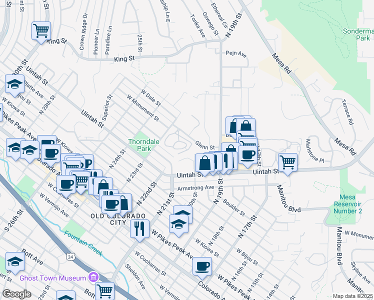 map of restaurants, bars, coffee shops, grocery stores, and more near Madison Ridge Heights in Colorado Springs