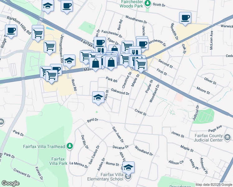 map of restaurants, bars, coffee shops, grocery stores, and more near 10921 Oakwood Drive in Fairfax