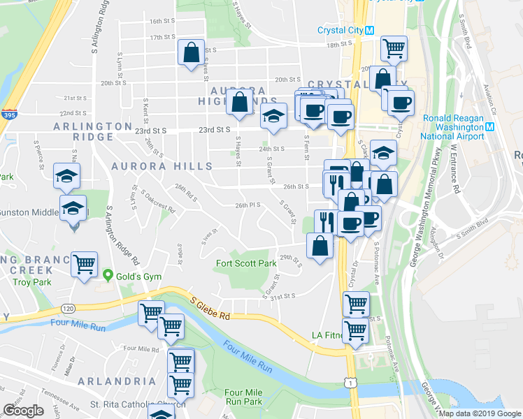 map of restaurants, bars, coffee shops, grocery stores, and more near 750 26th Place South in Arlington