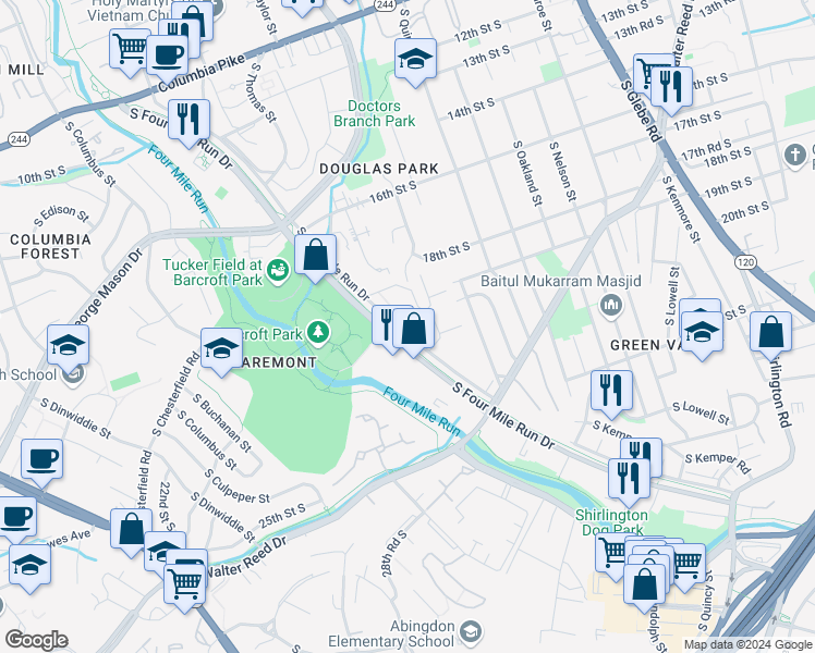 map of restaurants, bars, coffee shops, grocery stores, and more near 4179 South Four Mile Run Drive in Arlington