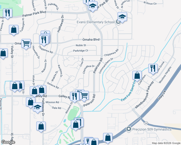 map of restaurants, bars, coffee shops, grocery stores, and more near 1271 Chiricahua Drive in Colorado Springs