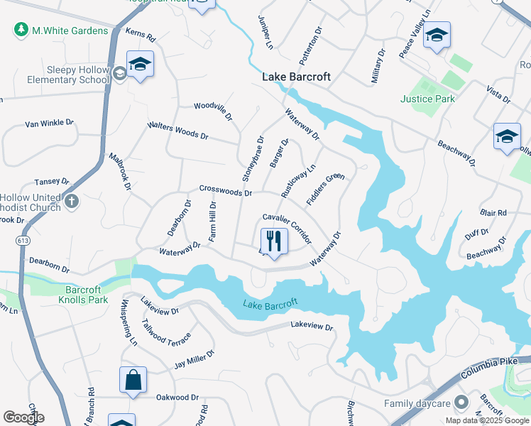map of restaurants, bars, coffee shops, grocery stores, and more near 6401 Cavalier Corridor in Falls Church