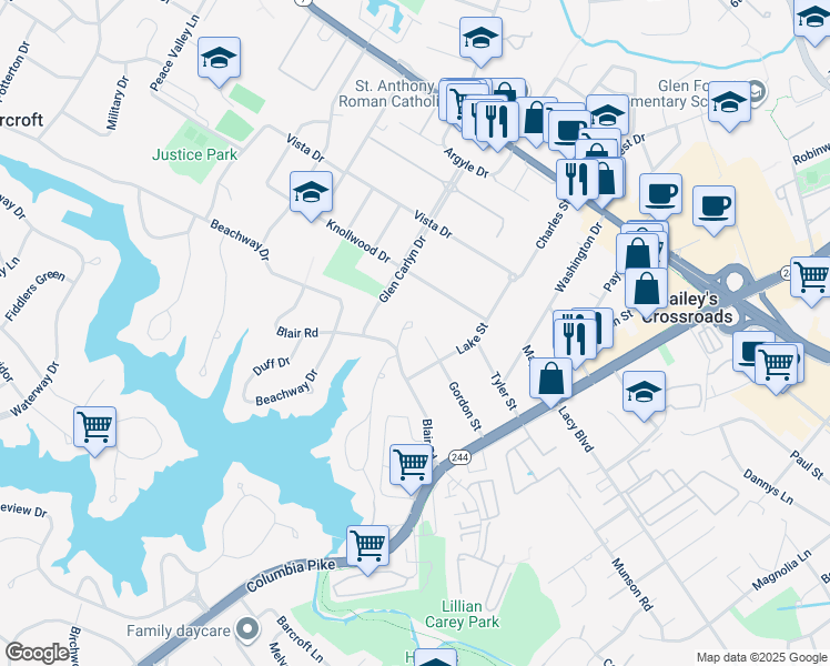 map of restaurants, bars, coffee shops, grocery stores, and more near 3433 Pinetree Terrace in Falls Church