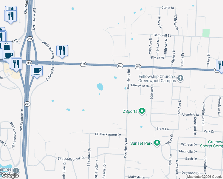 map of restaurants, bars, coffee shops, grocery stores, and more near 409 Missouri 150 in Lee's Summit