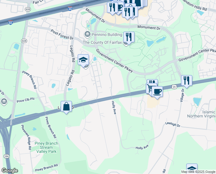 map of restaurants, bars, coffee shops, grocery stores, and more near 11996 Artery Drive in Fairfax