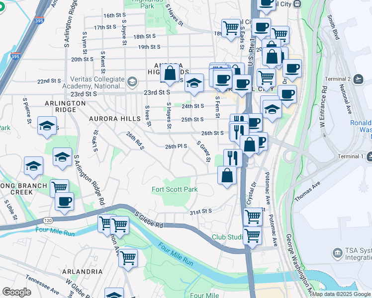 map of restaurants, bars, coffee shops, grocery stores, and more near 750 26th Place South in Arlington